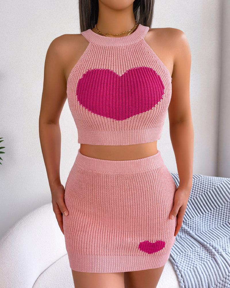 Heart Pattern Tank Top & High Waist Skirt Set