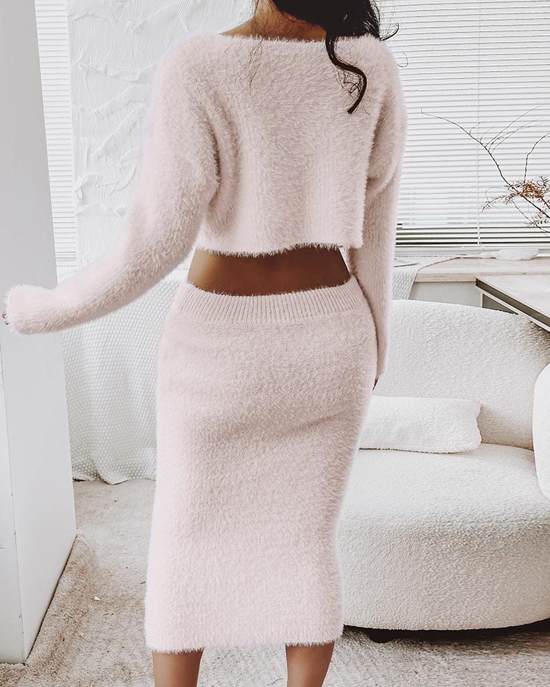 Skew Neck Fuzzy Knit Sweater & Skirt Set