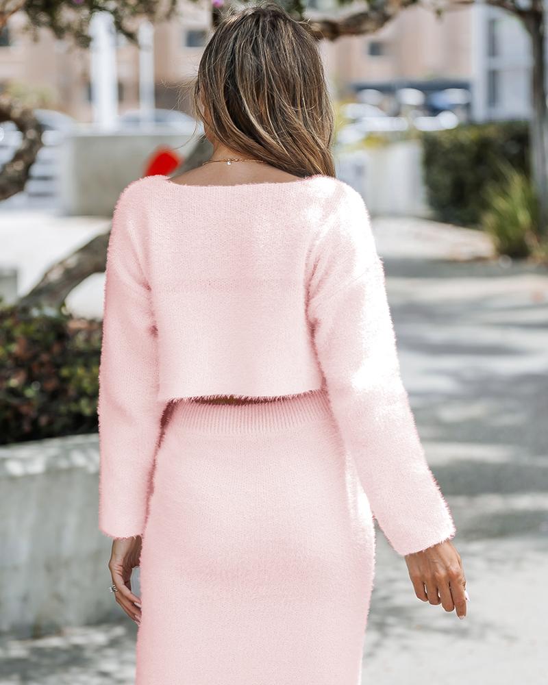 Skew Neck Fuzzy Knit Sweater & Skirt Set