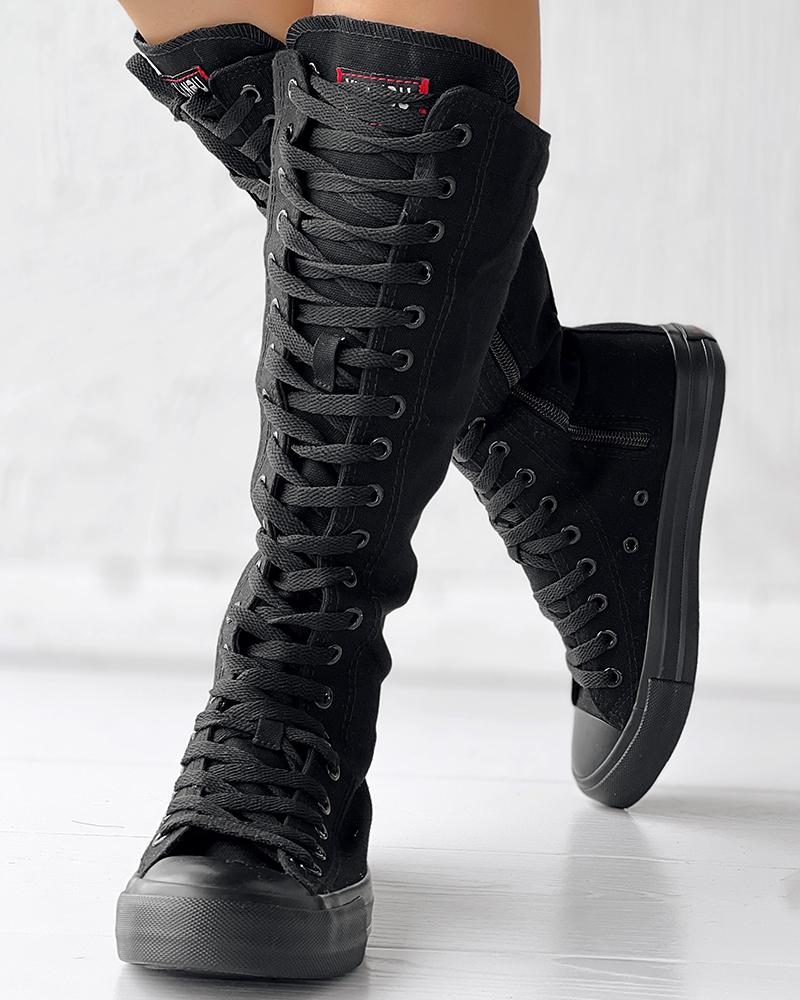 Canvas Side Zipped Lace Up Boots