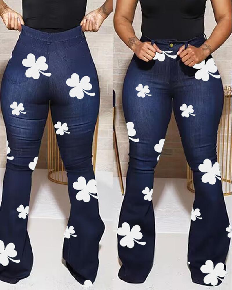 St. Patrick's Day Lucky Shamrock Print High Waist Flared Leg Jeans