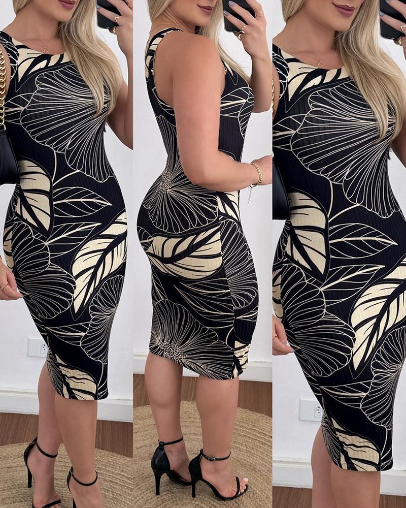 Tropical Print U Neck Bodycon Dress