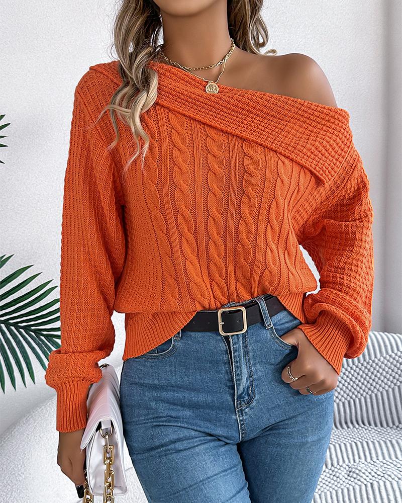 Skew Neck Long Sleeve Cable Knit Sweater