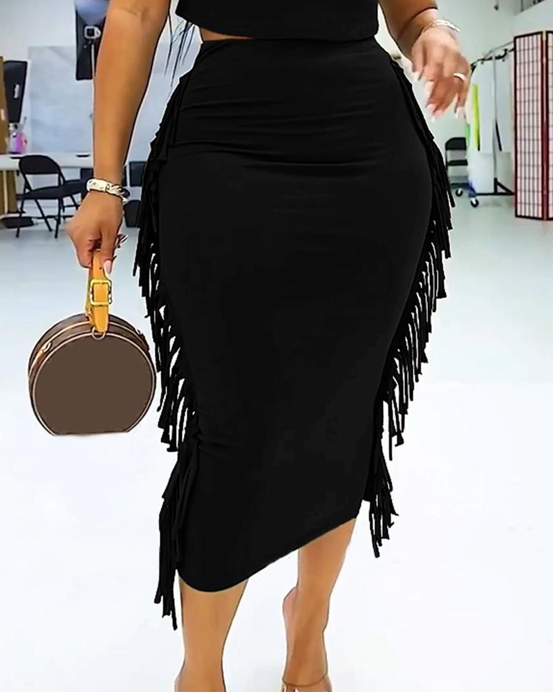 Crop T shirt & Tassel Design High Waist Skirt Set