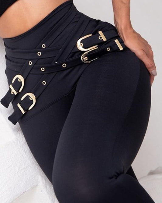 Criss Cross Buckled Decor High Waist Skinny Pants