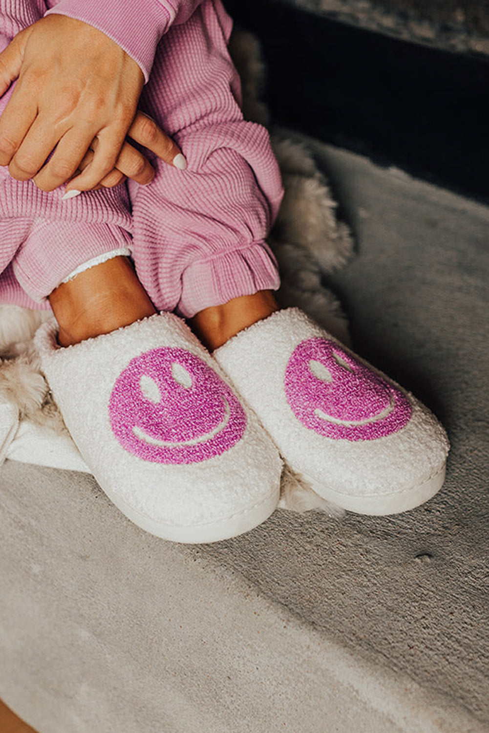 Pink Smile Face Print Non-slip Plush Slippers