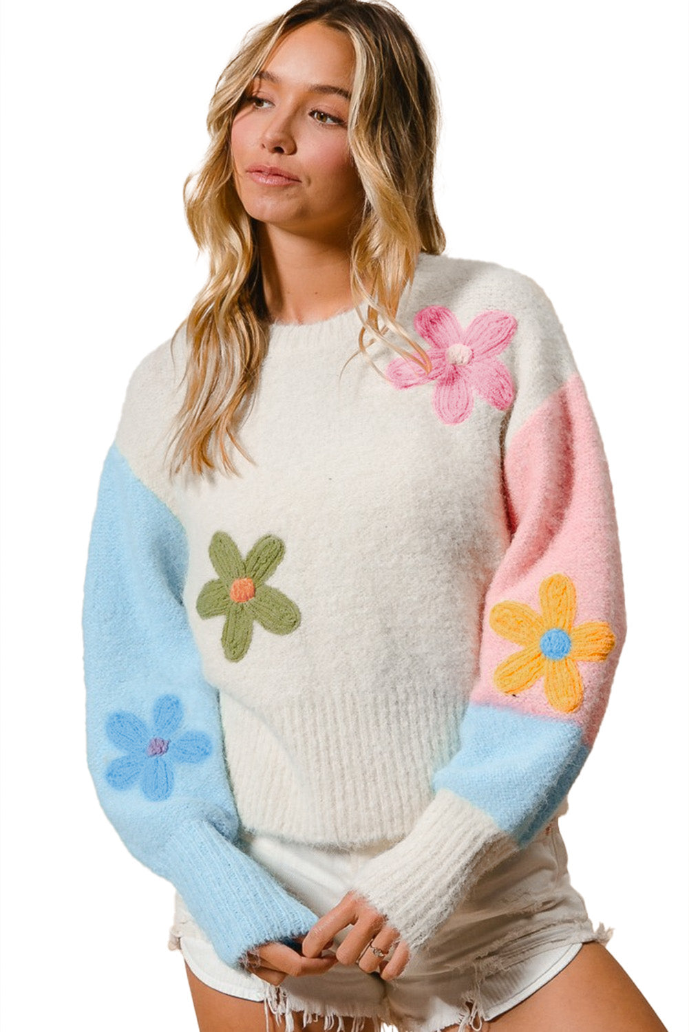 Multicolour Floral Embroidered Colorblock Fuzzy Drop Shoulder Sweater