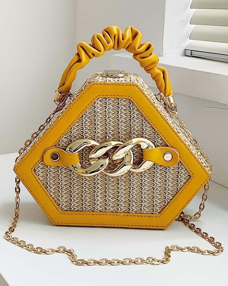 Trendy Chain Decor Top Handle Straw Geometrical Crossbody Bag