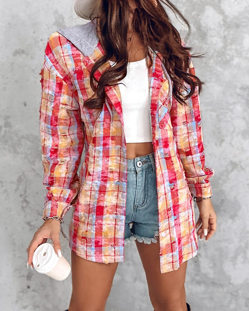 Colorblock Plaid Print Distressed Hooded Coat Shacket