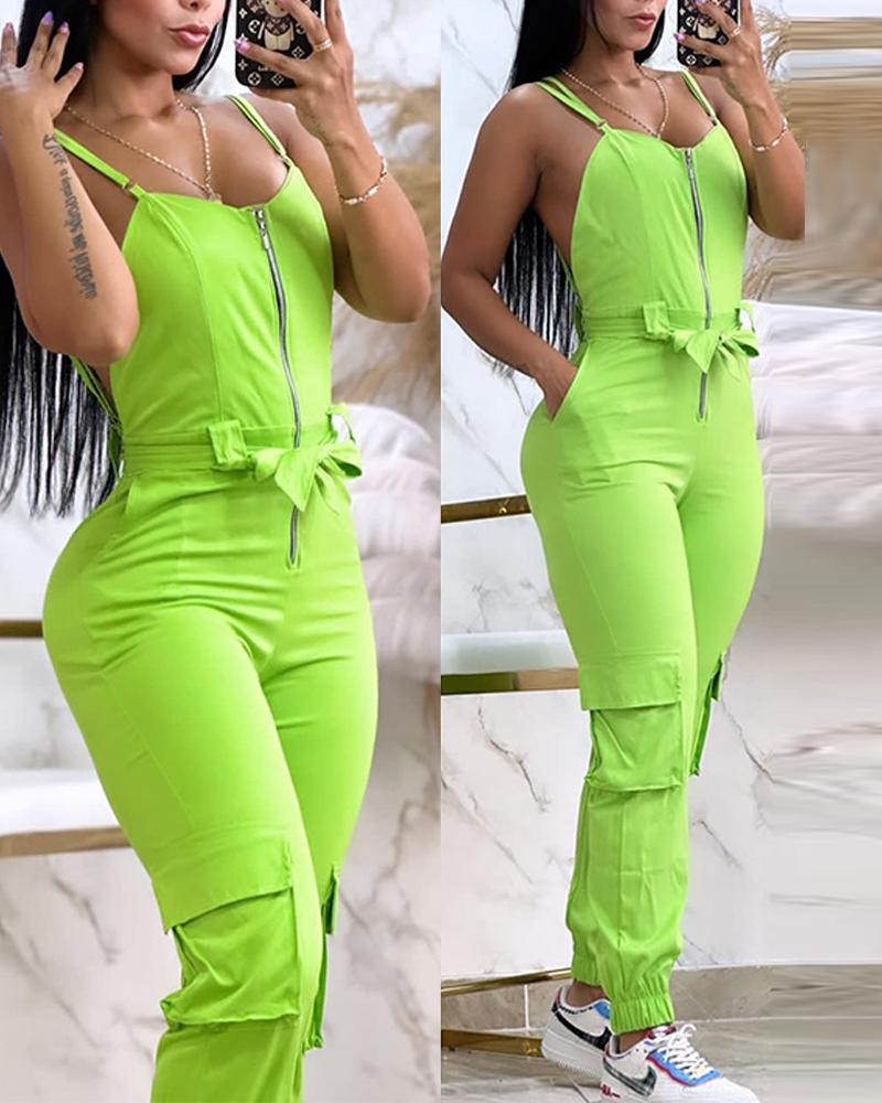 Zipper Pocket Design Backless Cuffed Jumpsuit