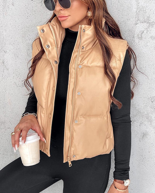 PU Leather Stand Collar Zip Up Pocket Design Vest Puffer Coat