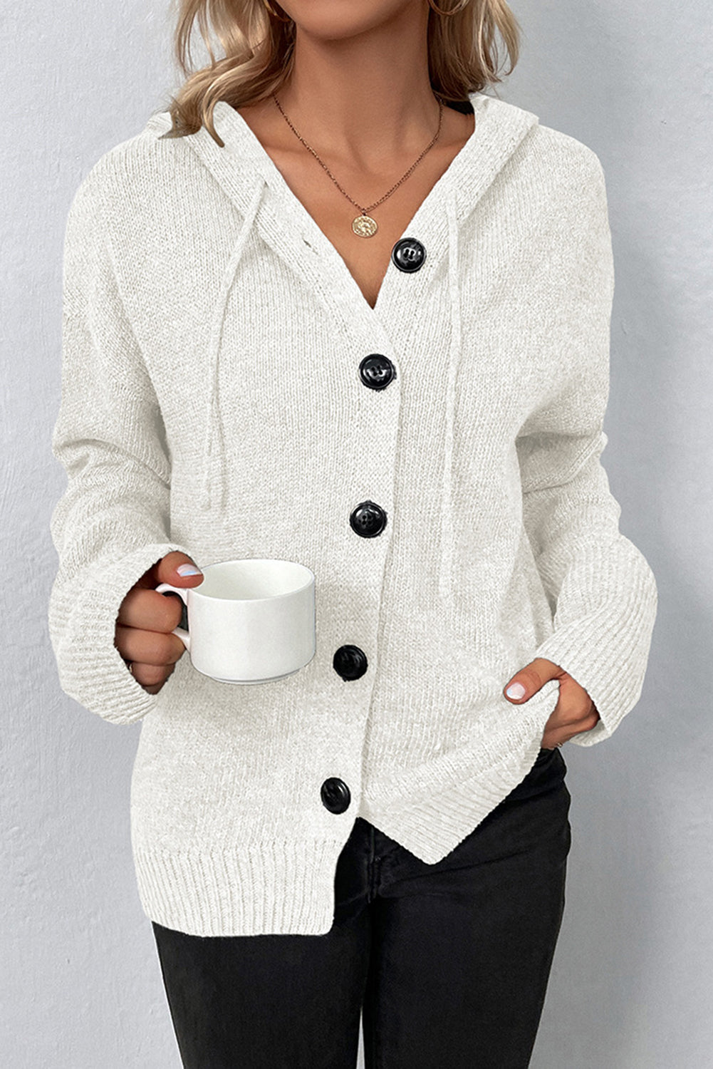 White Drawstring Hooded Button Up Drop Shoulder Sweater Cardigan