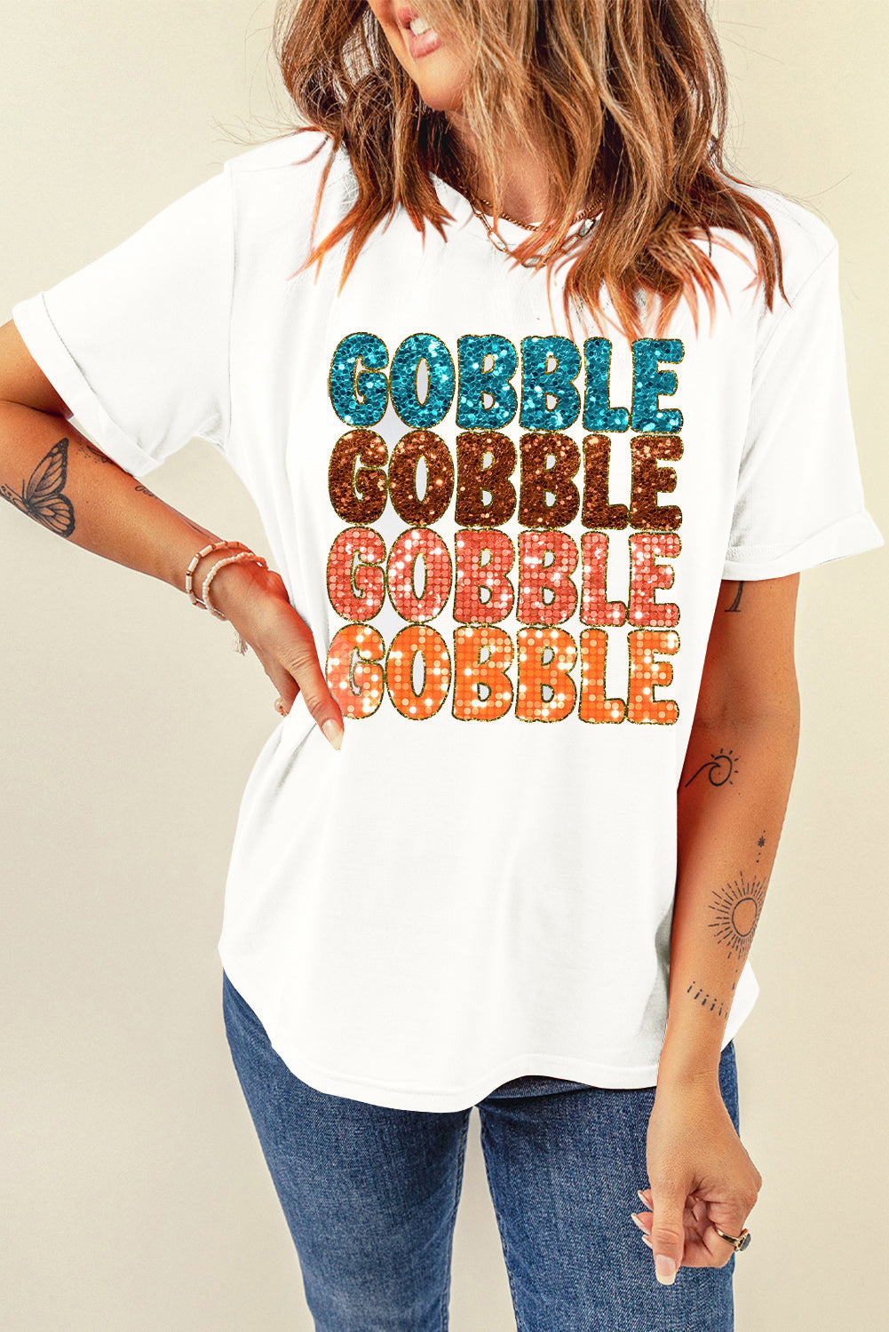 White Glittering GOBBLE Graphic Crewneck Thanksgiving T Shirt