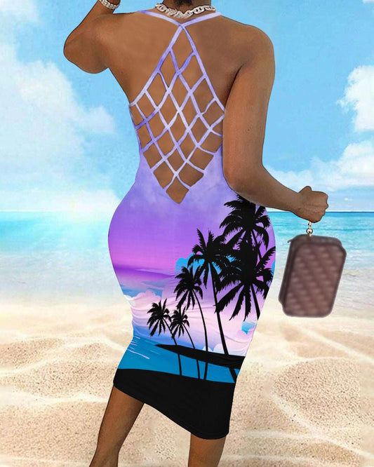 Tropical Landscape Print Bodycon Dress