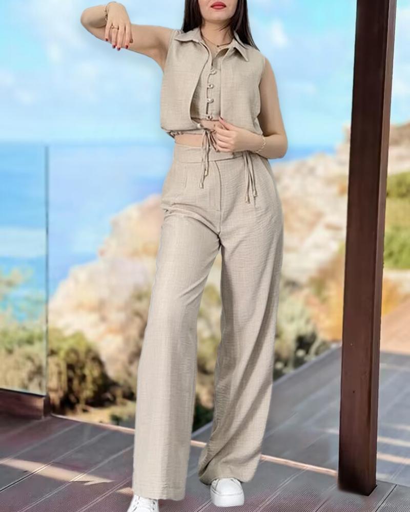 Fake Two Piece Buttoned Top & Tied Detail Pocket Design Pants Set