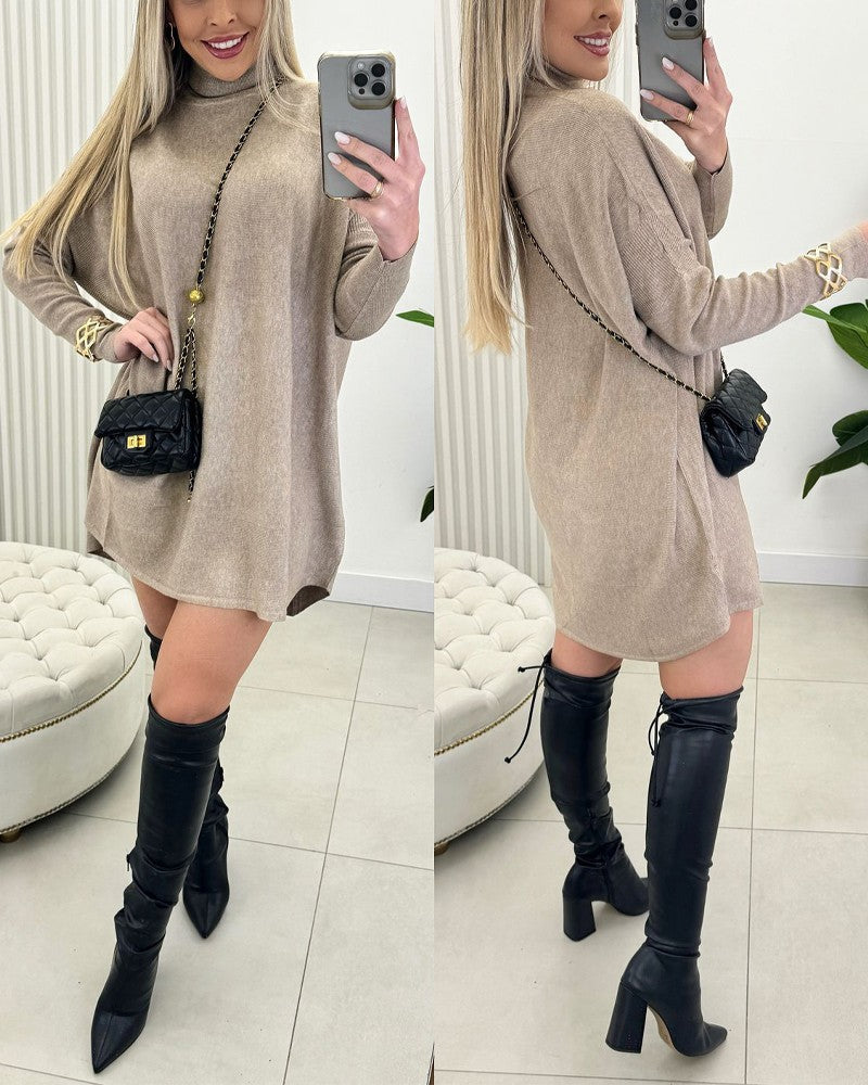 High Neck Batwing Sleeve Sweater Dress Knitted Casual Dress