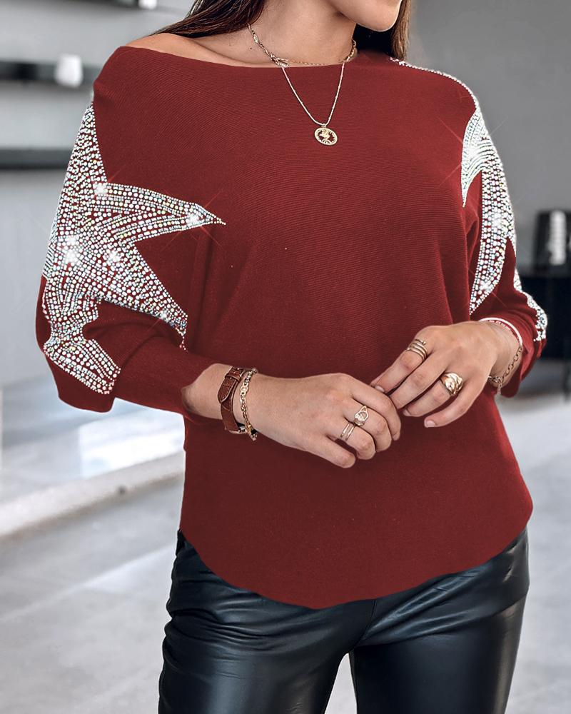 Star Pattern Batwing Sleeve Rhinestone Knit Sweater