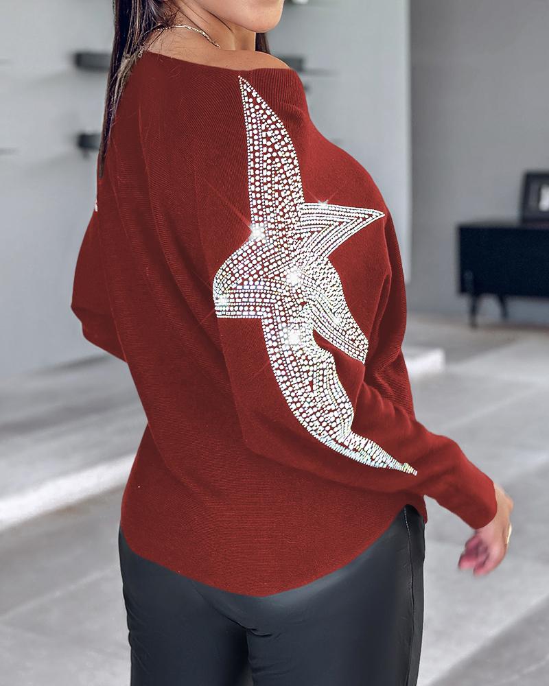 Star Pattern Batwing Sleeve Rhinestone Knit Sweater