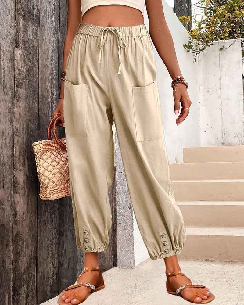 High Waist Drawstring Cuffed Pants