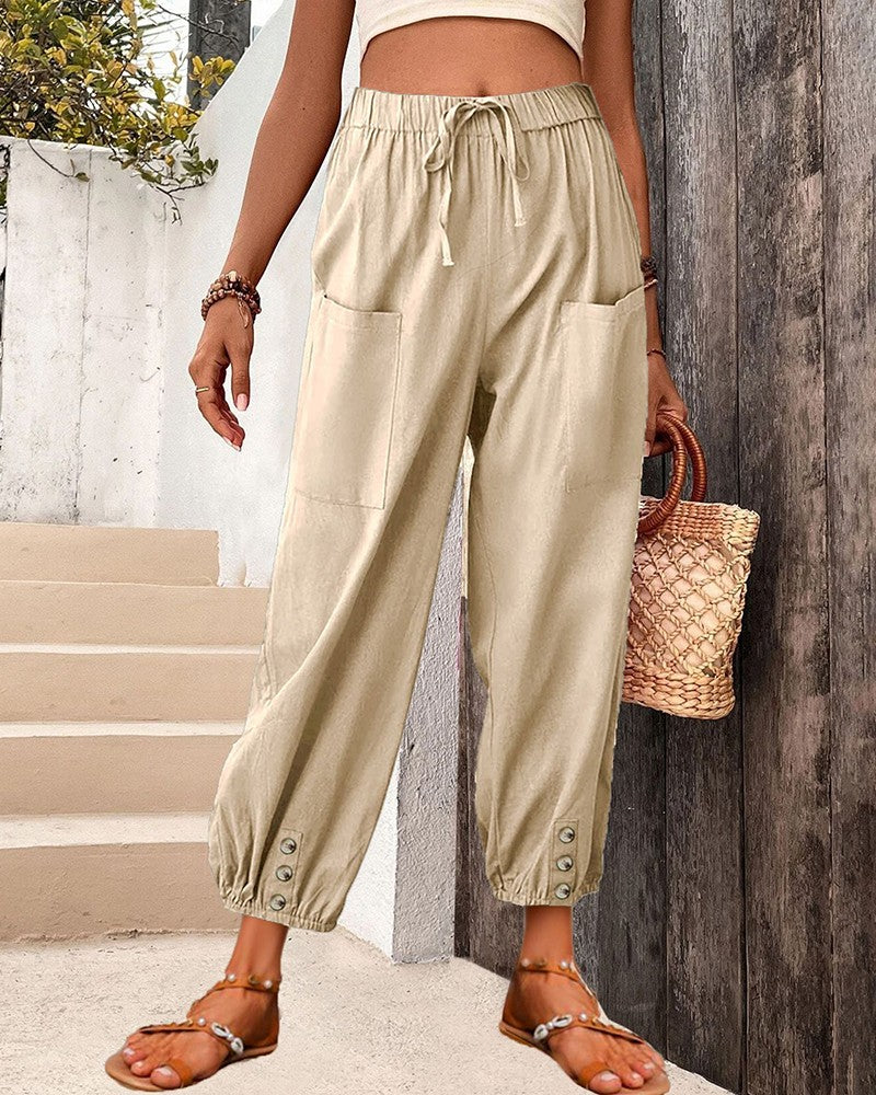 High Waist Drawstring Cuffed Pants