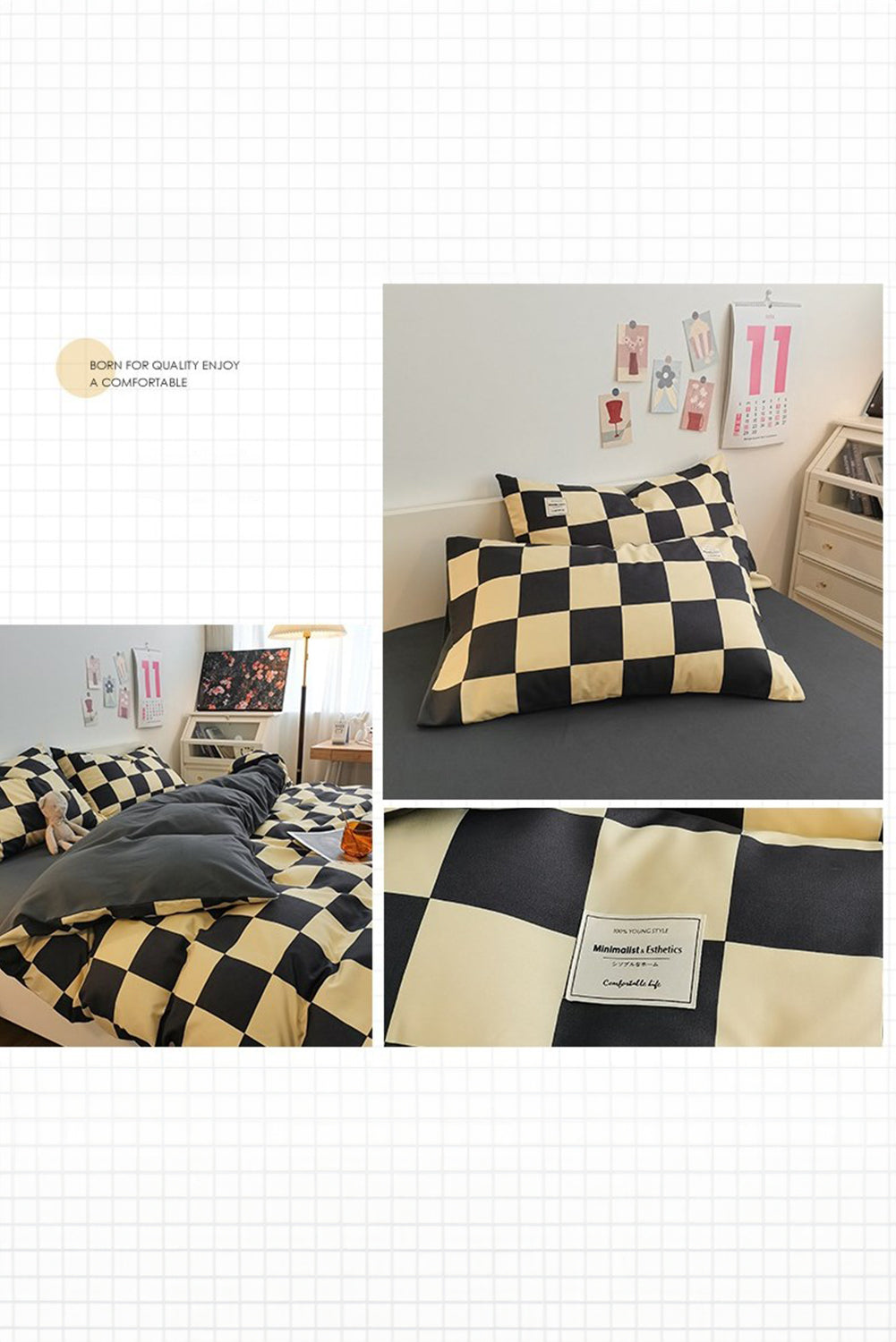 Beige Checkered Soft Four-piece Bed Set