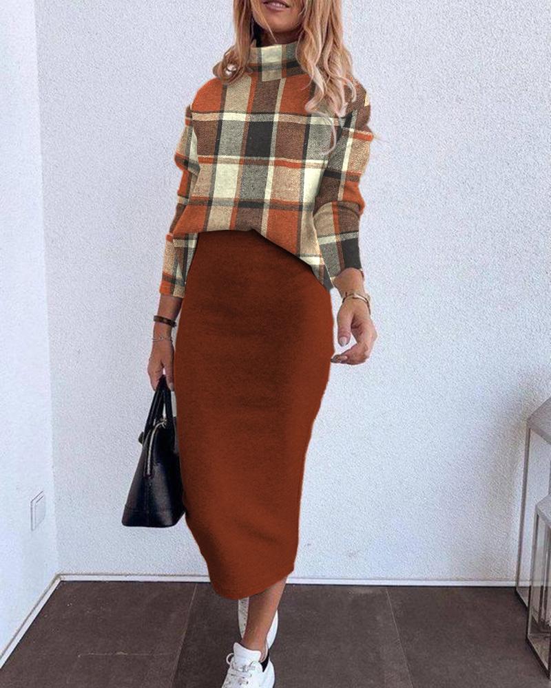 Plaid Pattern Mock Neck Top & Skirt Set