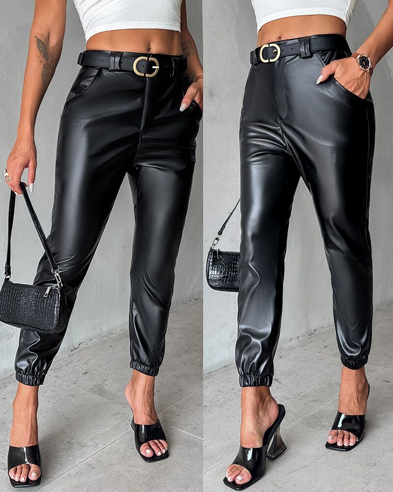 PU Leather High Waist Cuffed Pants