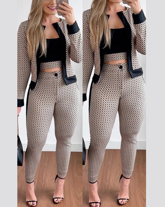 3PCS Plaid Print Contrast Paneled Crop Top & Pants Set With Coat