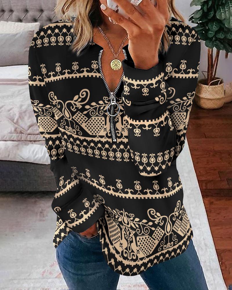 Tribal Print Zip Detail Long Sleeve Top