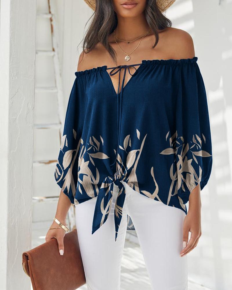 Plants Print Tied Detail Off Shoulder Top