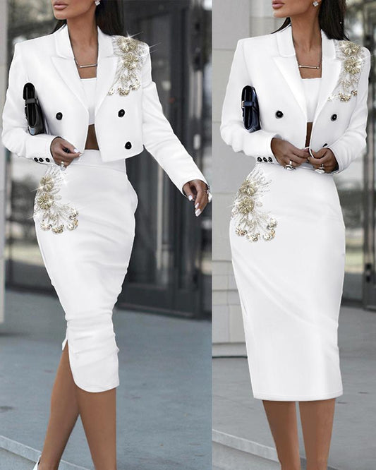 Sequin Floral Blazer Coat & Slit Skirt Set