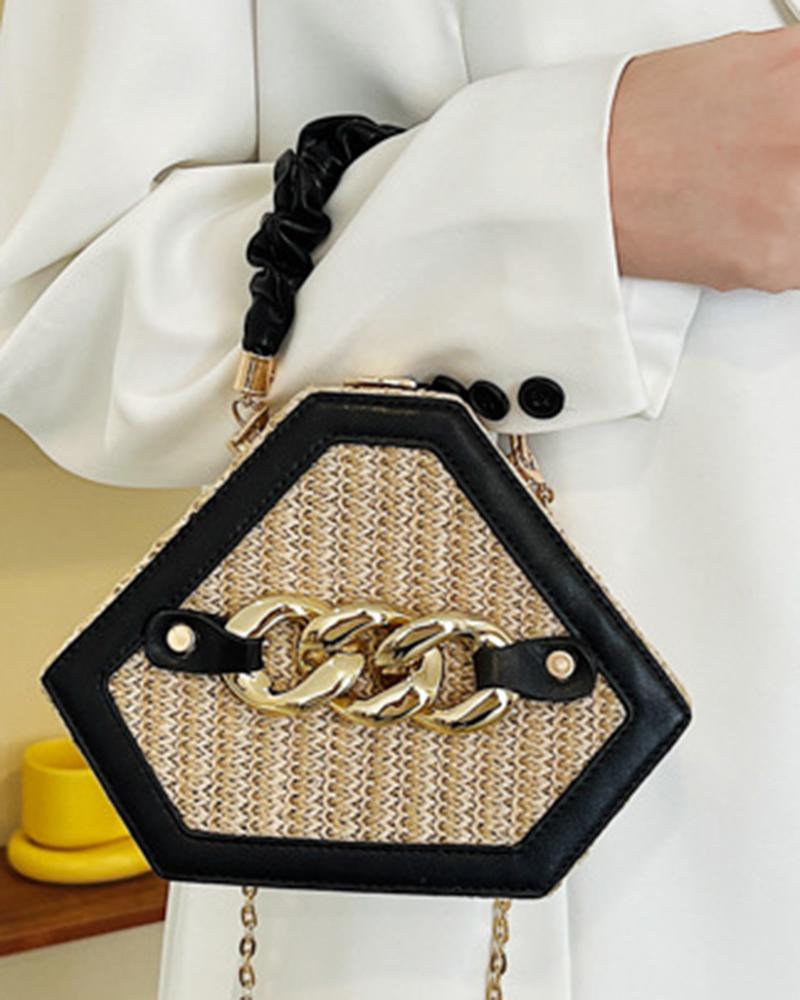 Trendy Chain Decor Top Handle Straw Geometrical Crossbody Bag