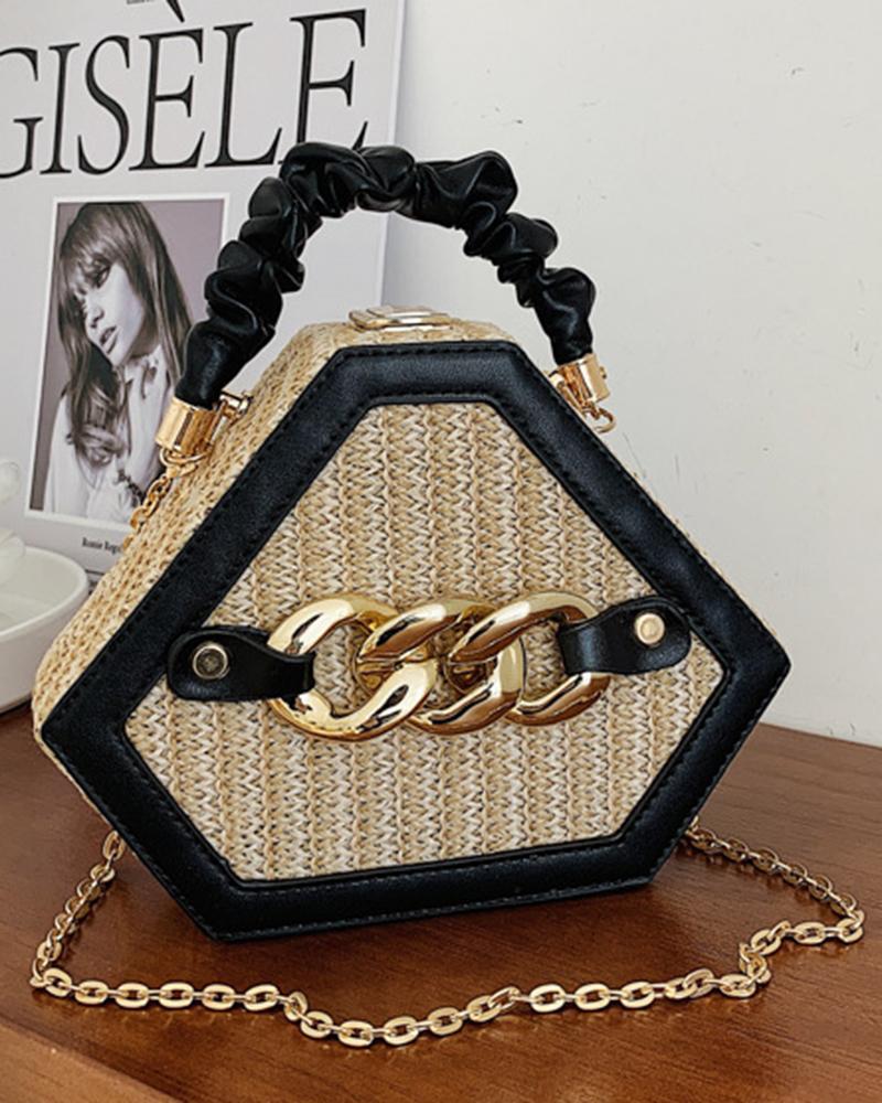 Trendy Chain Decor Top Handle Straw Geometrical Crossbody Bag