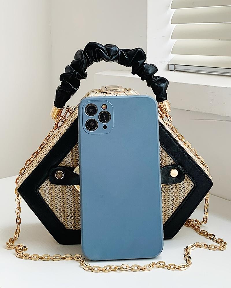 Trendy Chain Decor Top Handle Straw Geometrical Crossbody Bag