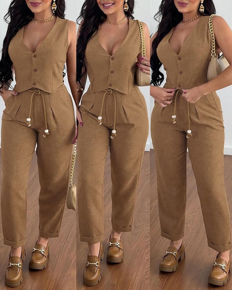 V Neck Buttoned Vest Top & Pocket Design Tied Detail Pants Set