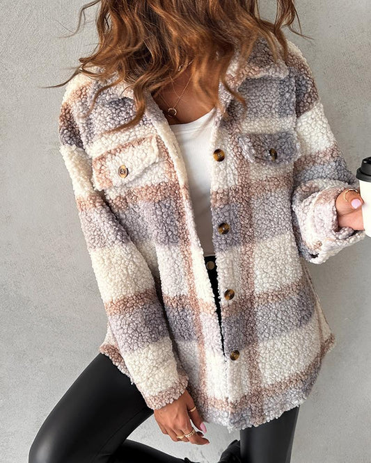 Plaid Print Buttoned Teddy Coat