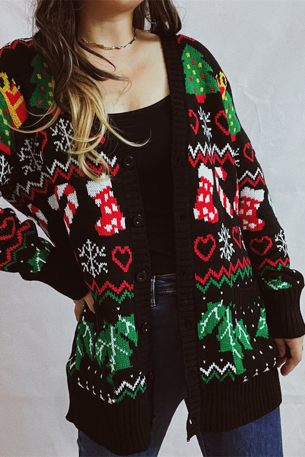 Black Heart Christmas Fashion Pattern Button Up Drop Shoulder Cardigan