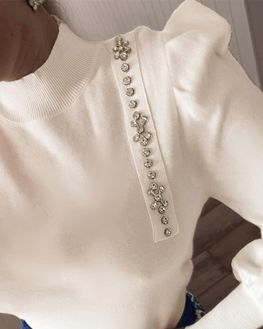 Mock Neck Gigot Sleeve Rhinestone Decor Knit Sweater