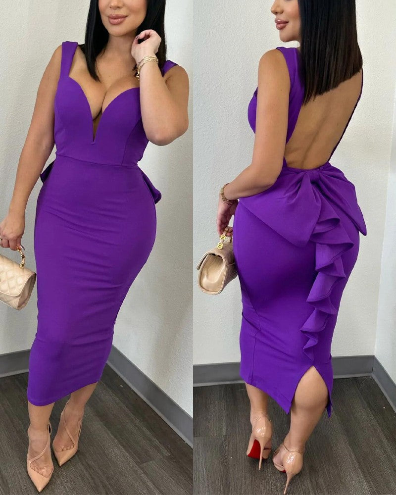 Plunge Ruffle Hem Backless Party Dress