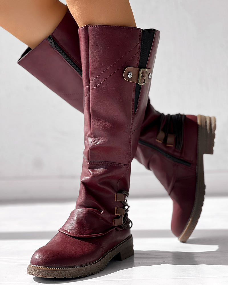 Side Zipper Buckled Round Toe Calf Boots