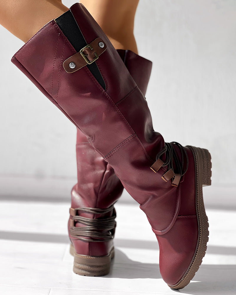 Side Zipper Buckled Round Toe Calf Boots