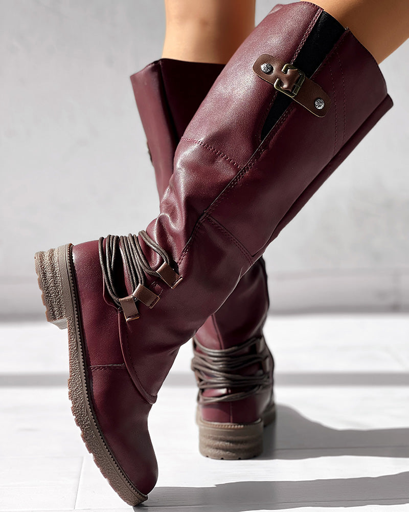 Side Zipper Buckled Round Toe Calf Boots