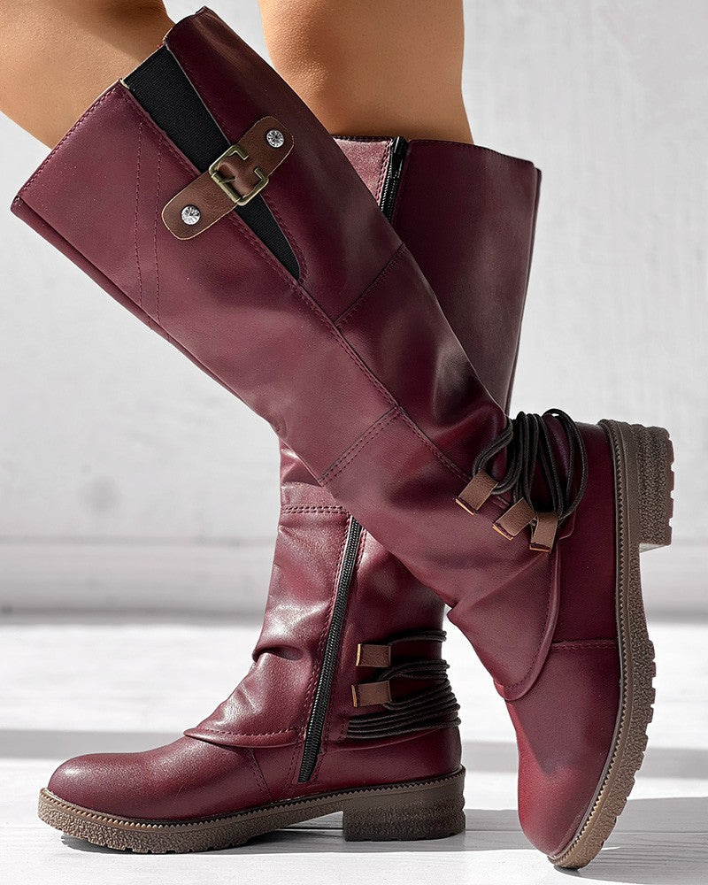 Side Zipper Buckled Round Toe Calf Boots