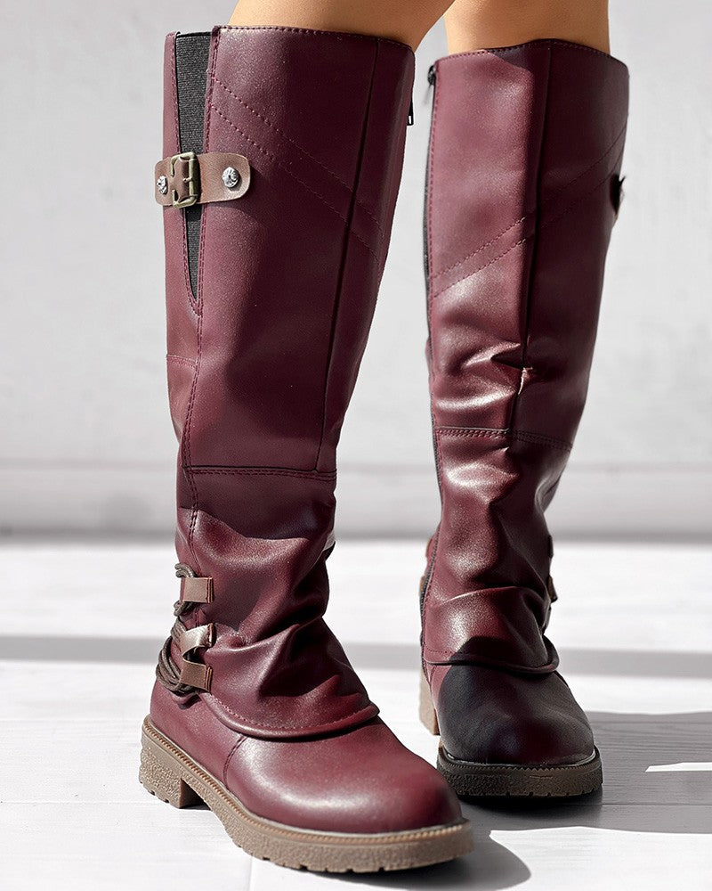 Side Zipper Buckled Round Toe Calf Boots