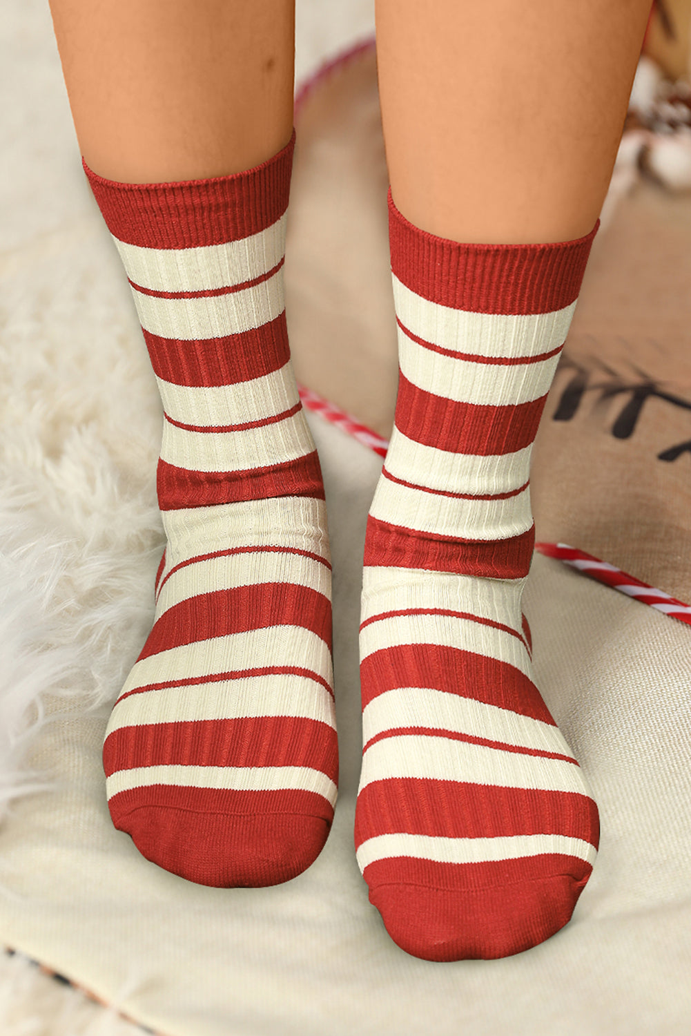 Fiery Red Christmas Color Block Ribbed Crew Socks