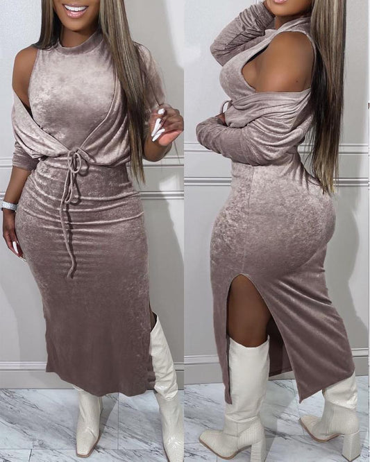 Velvet Split Hem Bodycon Dress With Coat