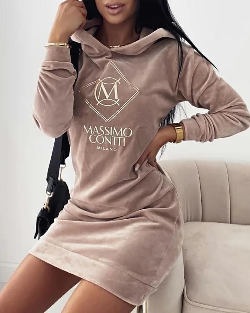 Letter Embroidery Velvet Hooded Sweatshirt Dress