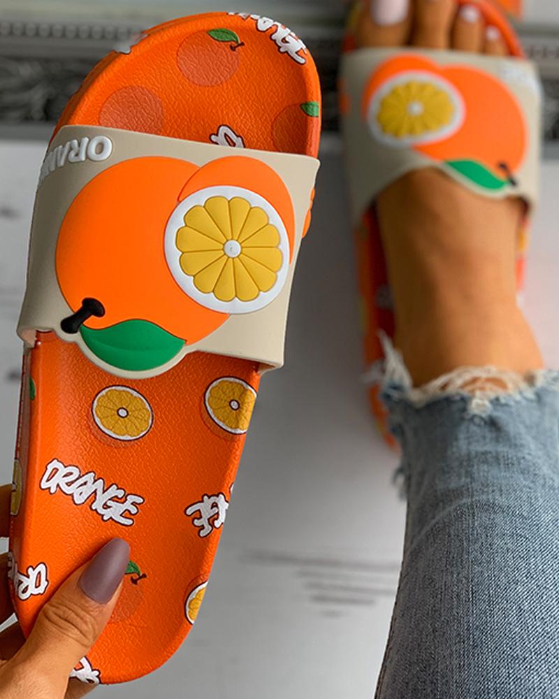 Strawberry / Avocado / Orange Pattern Open Toe Flat Sandals