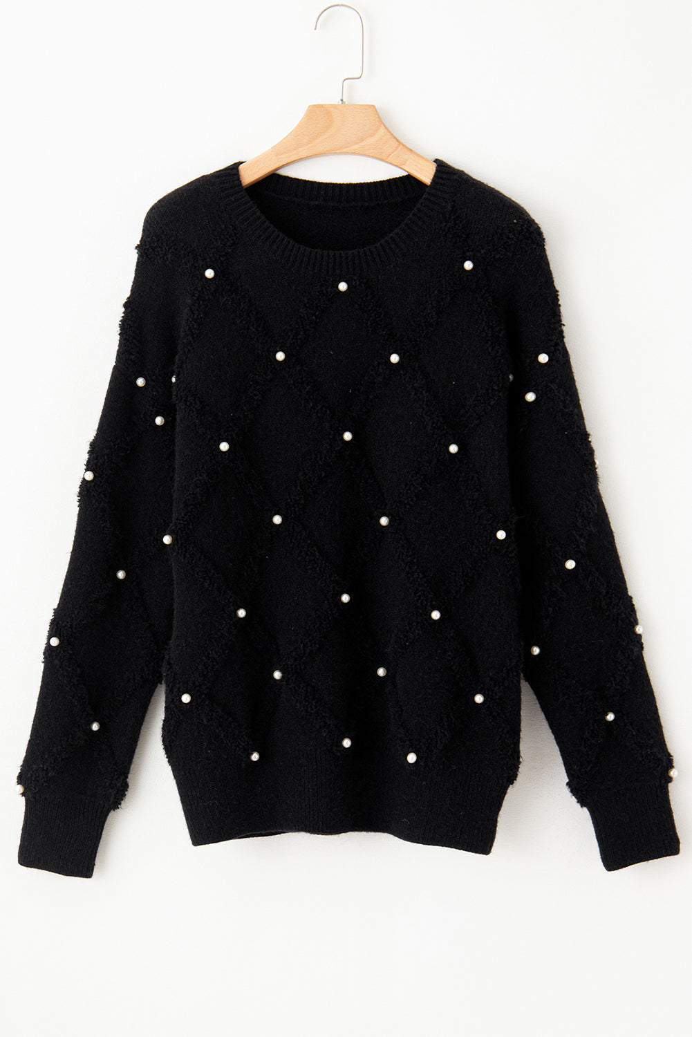 Black Pearl Embellished Rhombus Pattern Sweater