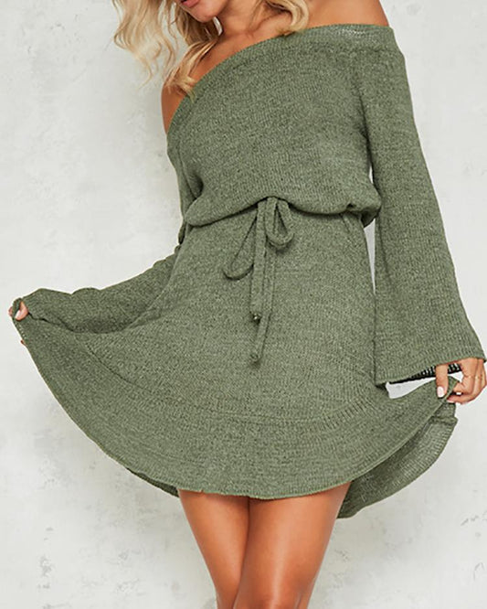 Stylish Knitted Tied Off Shoulder Mini Dress